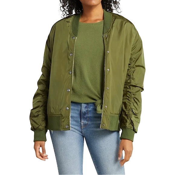 BLANK NYC Reversible Nylon and Fleece Bomber Jacket Olive Size M - Picture 1 of 13